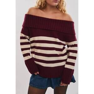 NEW LE LIS off shoulder stripe oversized sweater in maroon
